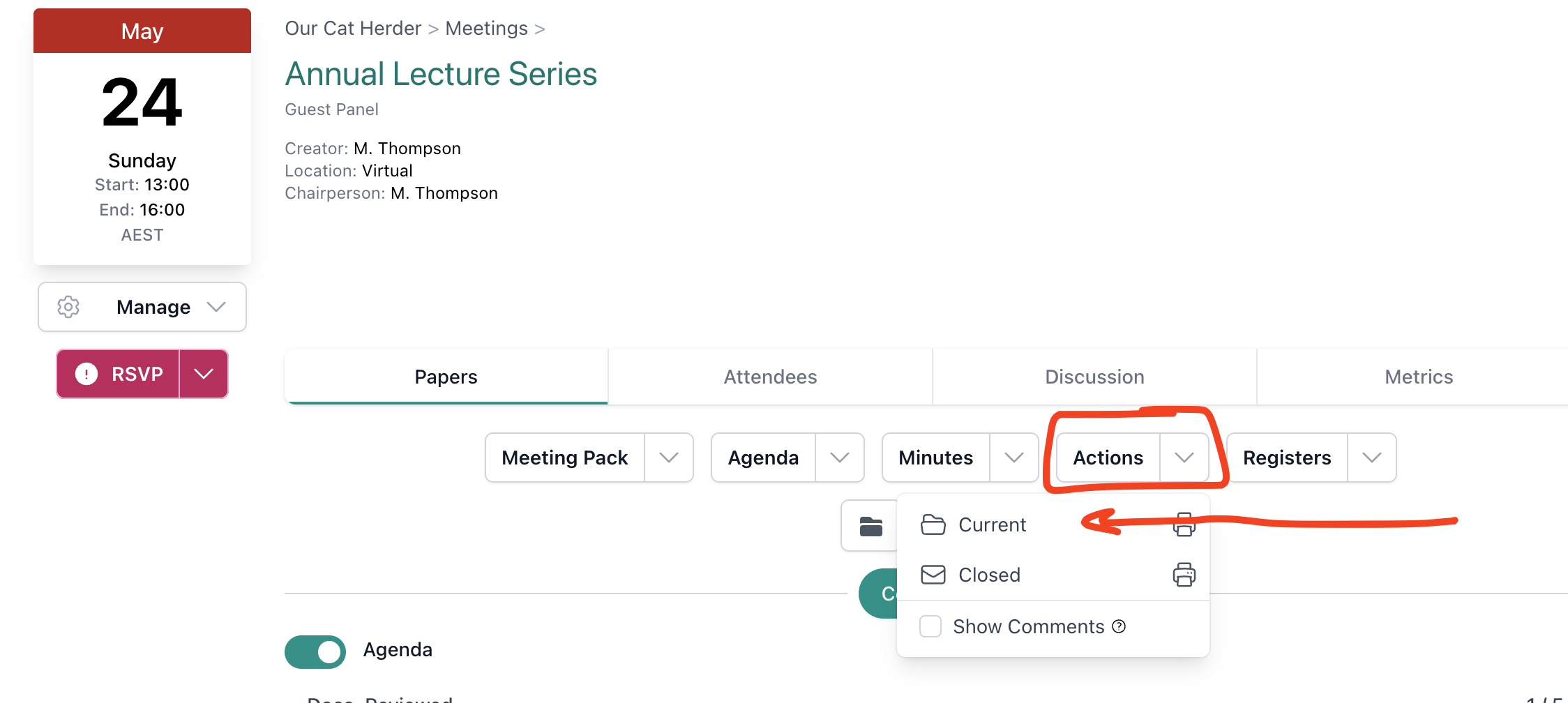 Actions dropdown on the Papers tab showing Current and Closed action PDFs