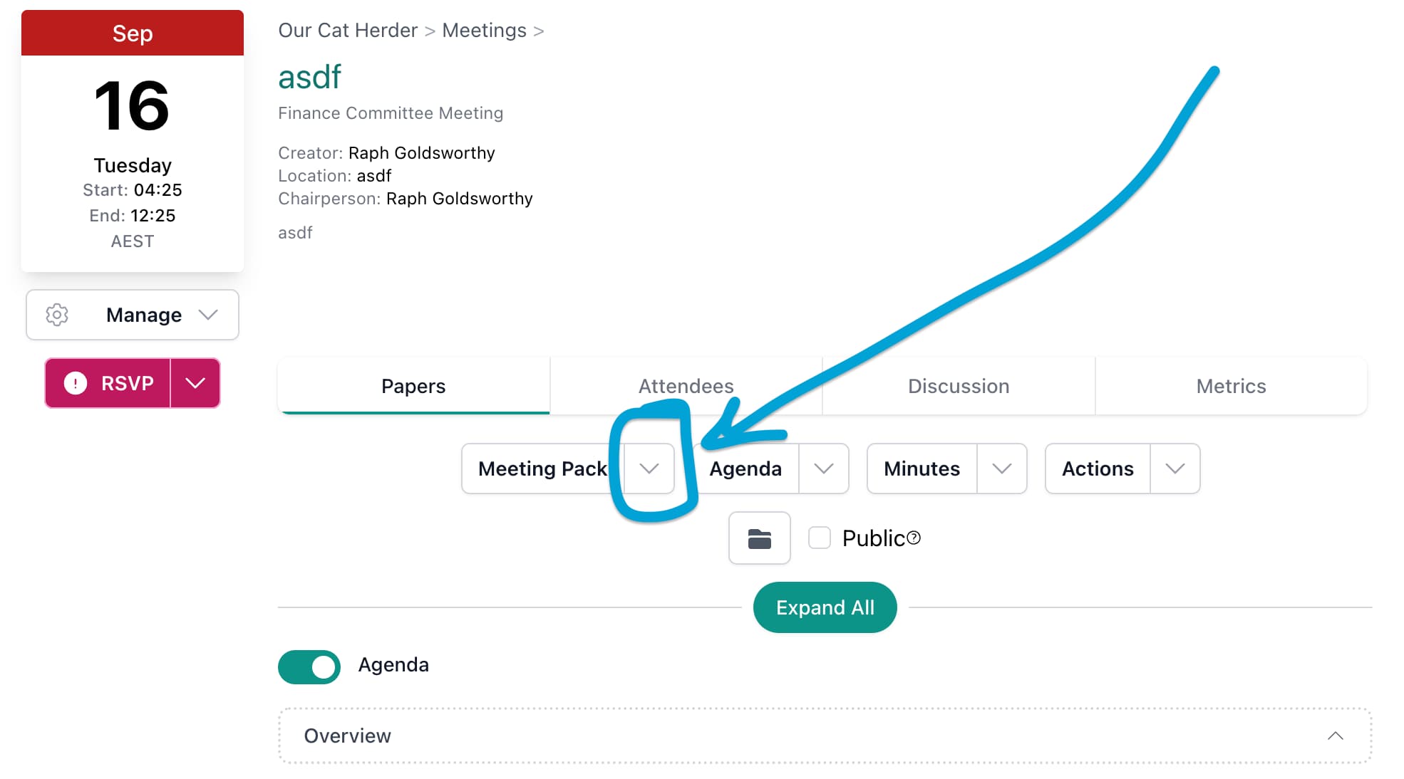 Meeting Pack Button