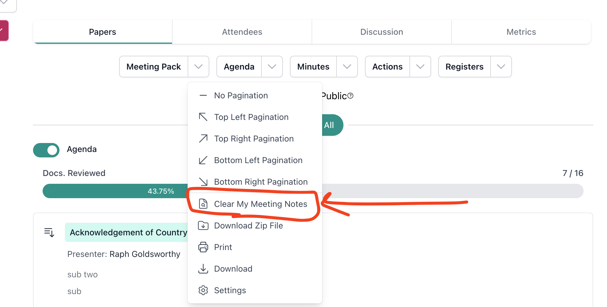 Meeting Pack dropdown menu showing Clear My Meeting Notes option