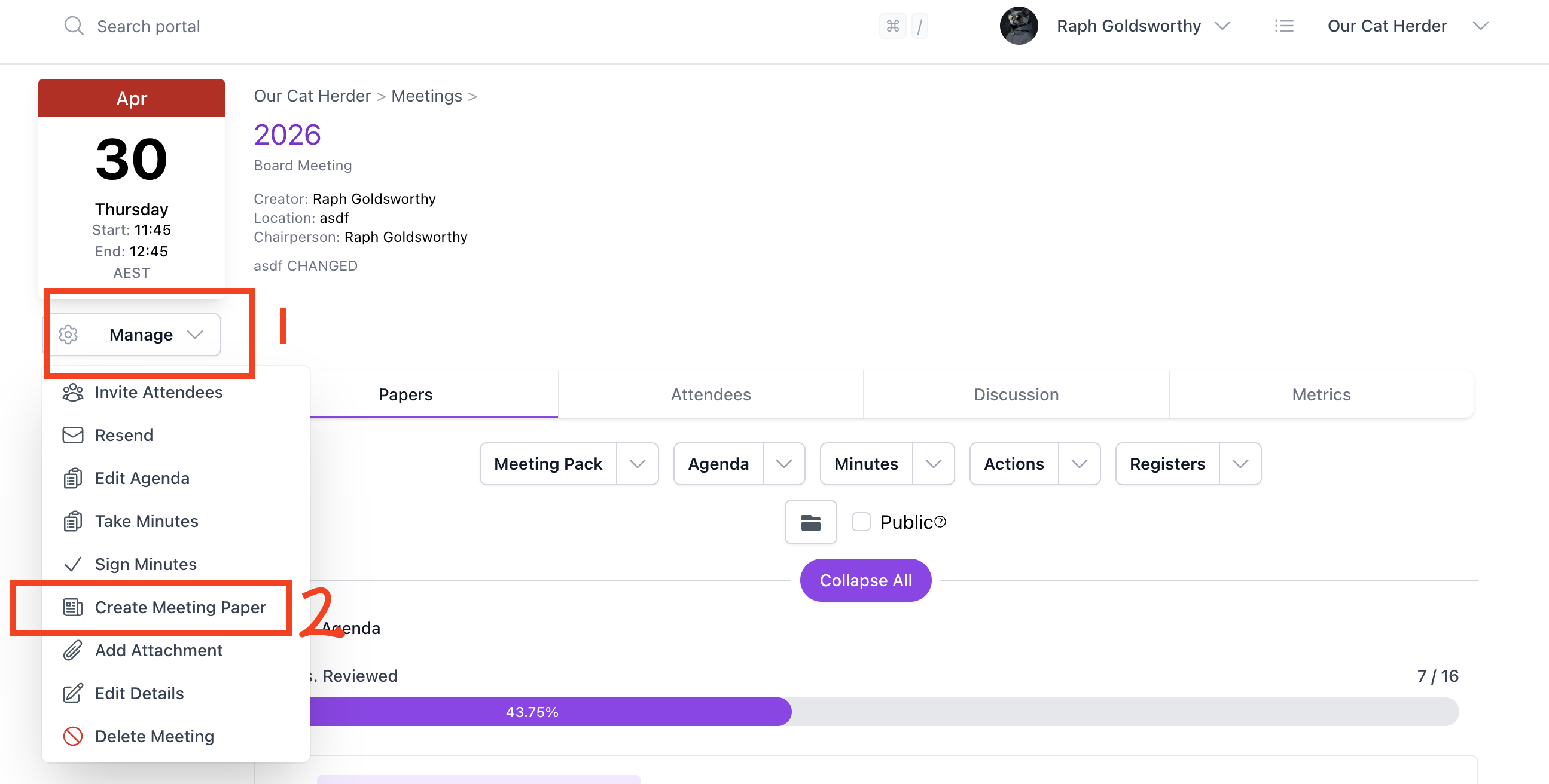 Manage dropdown menu showing Create Meeting Paper option highlighted
