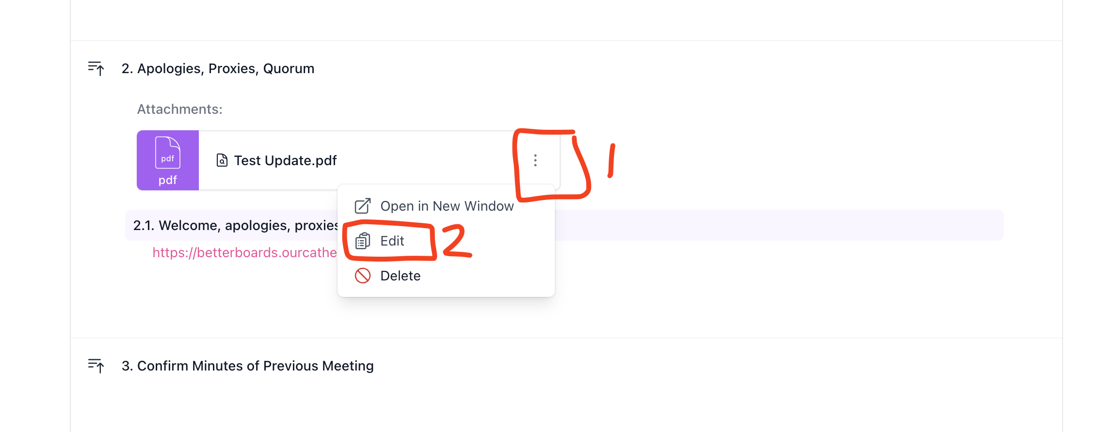 Three-dot menu on a meeting paper showing Open in New Window, Edit, and Delete options