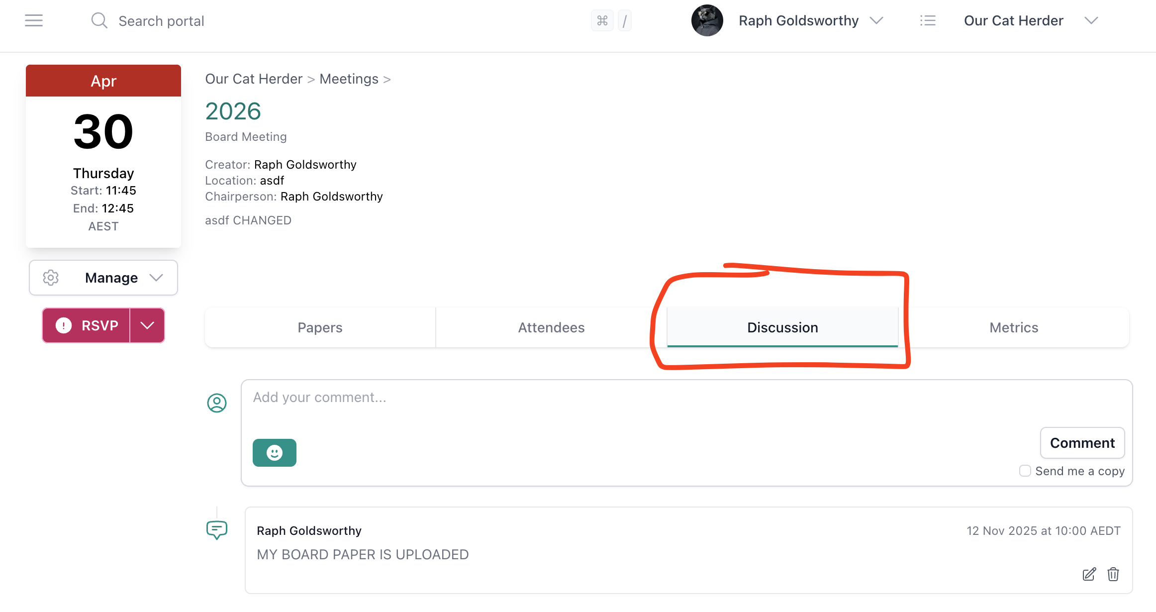 Meeting Discussion tab showing comments and the Add your comment area