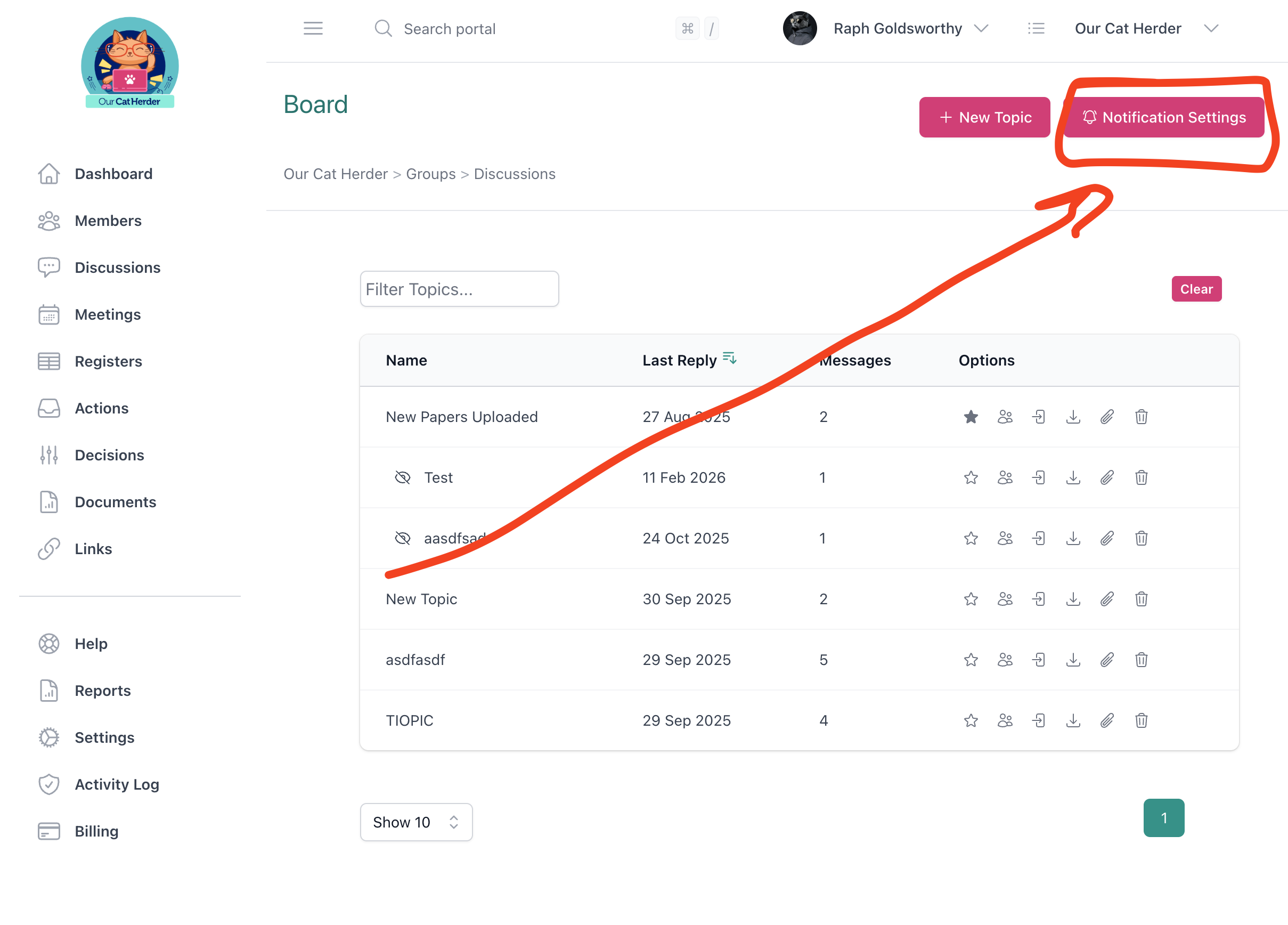Notification Settings button at the top right of the discussion group page