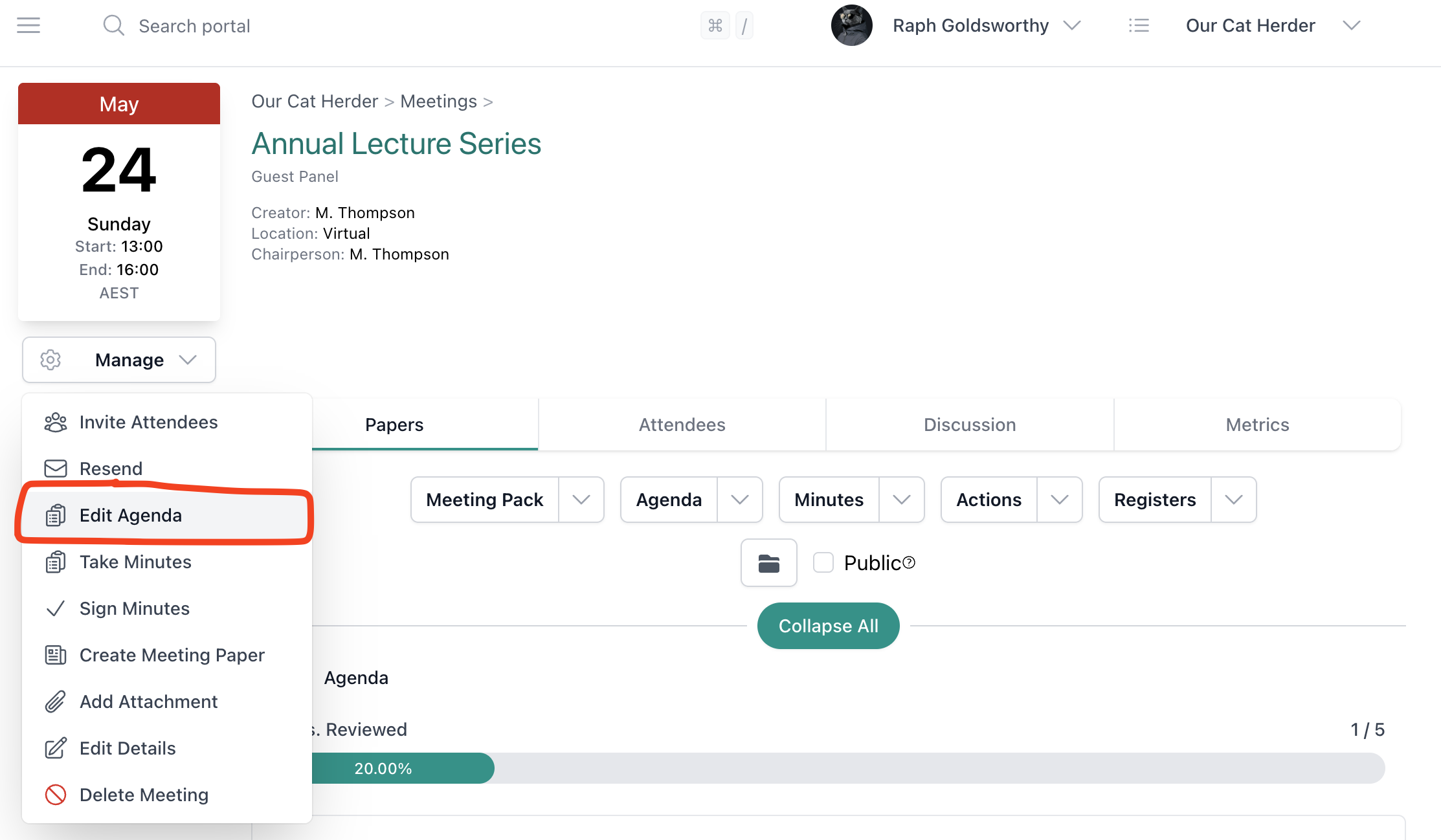 Meeting Details page showing the Manage dropdown with Edit Agenda highlighted