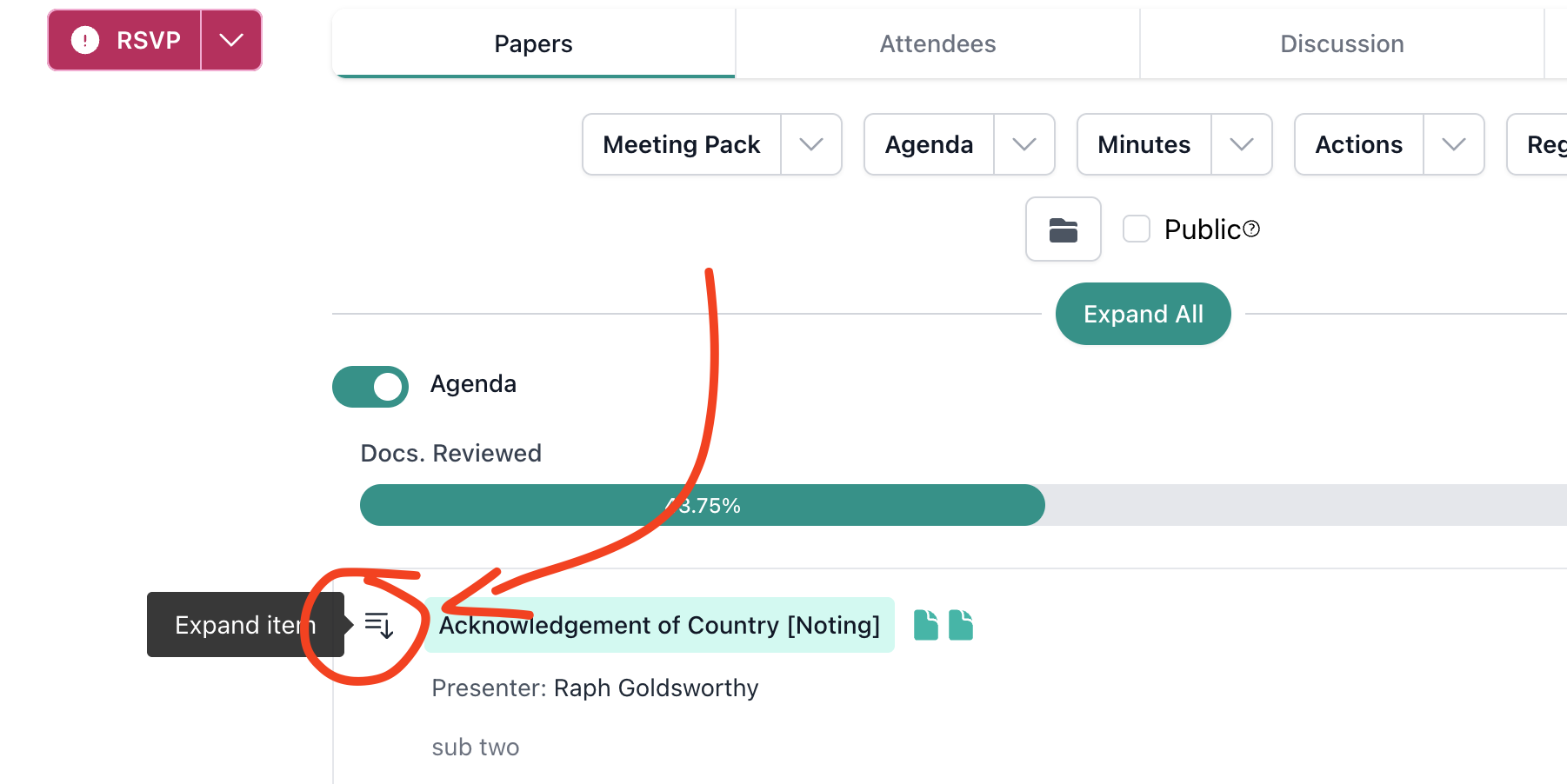 Agenda view showing the expand item icon next to an agenda item