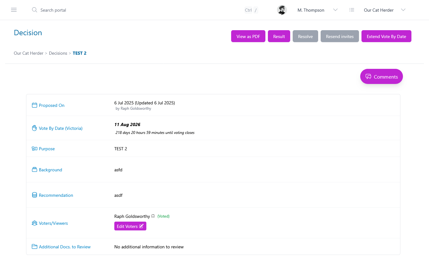 Decision details page showing proposal date, vote by date, purpose, background, and voters