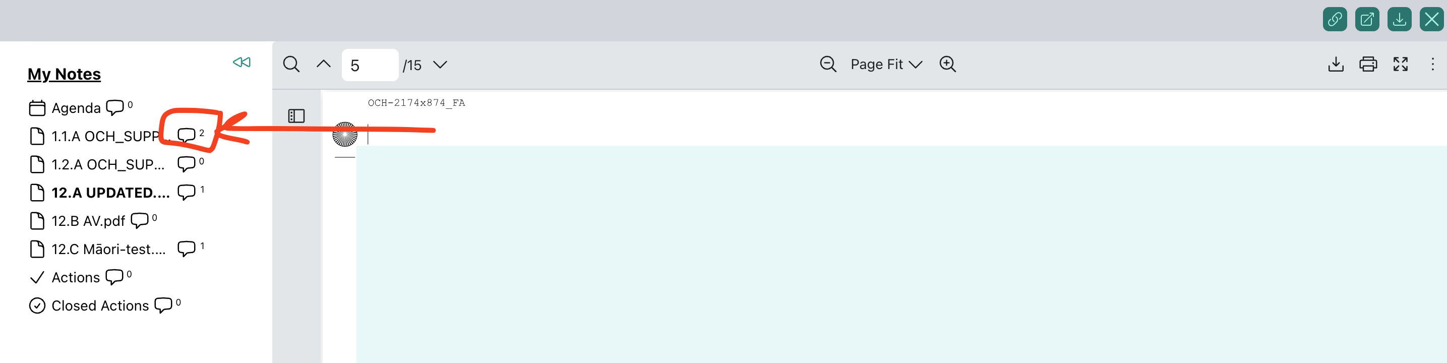 My Notes panel showing agenda items and documents with speech bubble counts