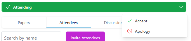 RSVP dropdown showing Accept and Apology options