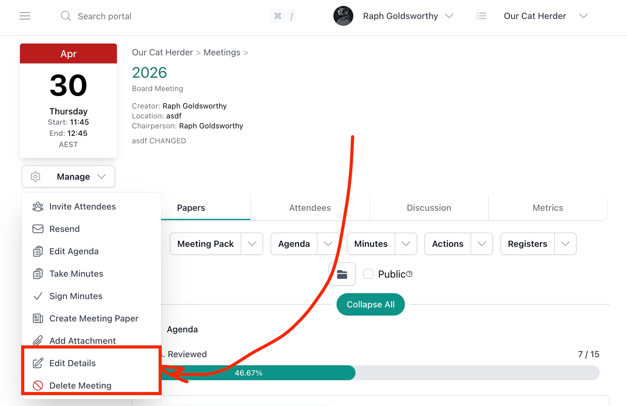 Meeting Details page showing the Manage menu with Edit Details and Delete Meeting options