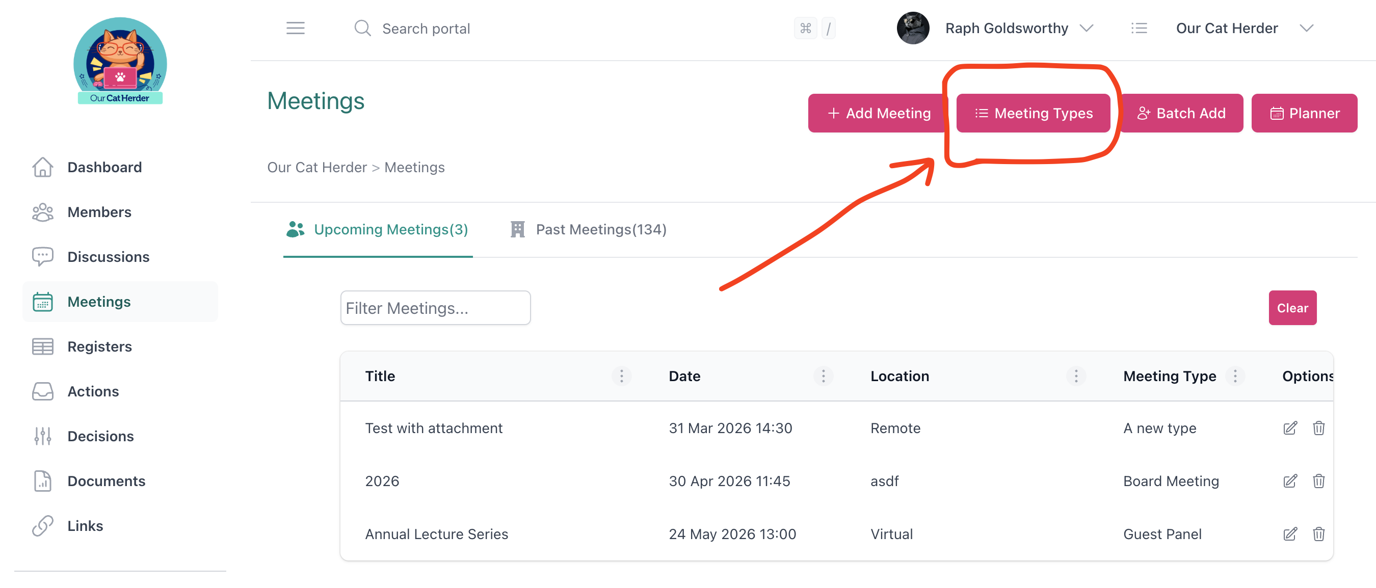 Meetings page showing the Meeting Types button highlighted in the top right