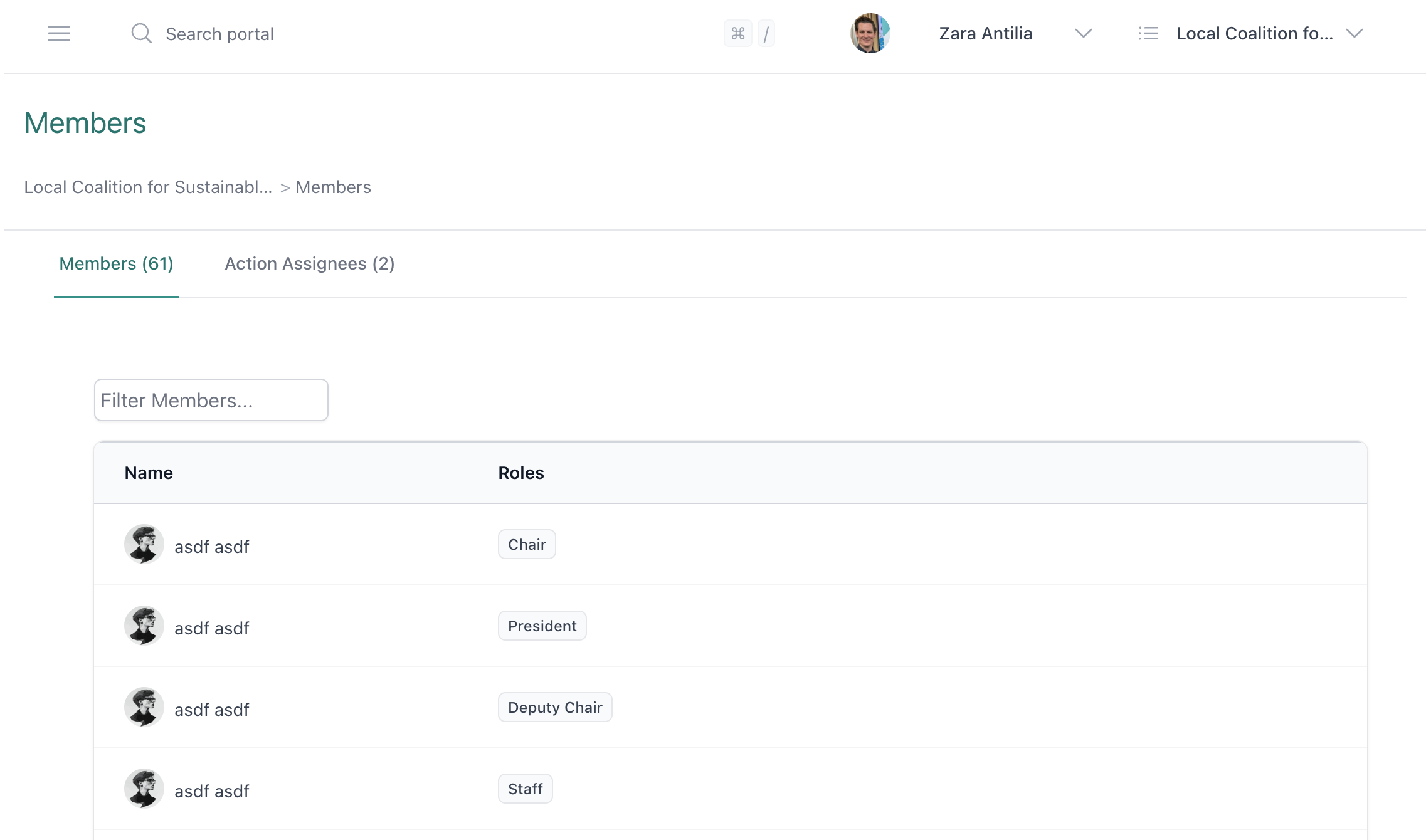 Members page showing member list with names, roles, and filter box