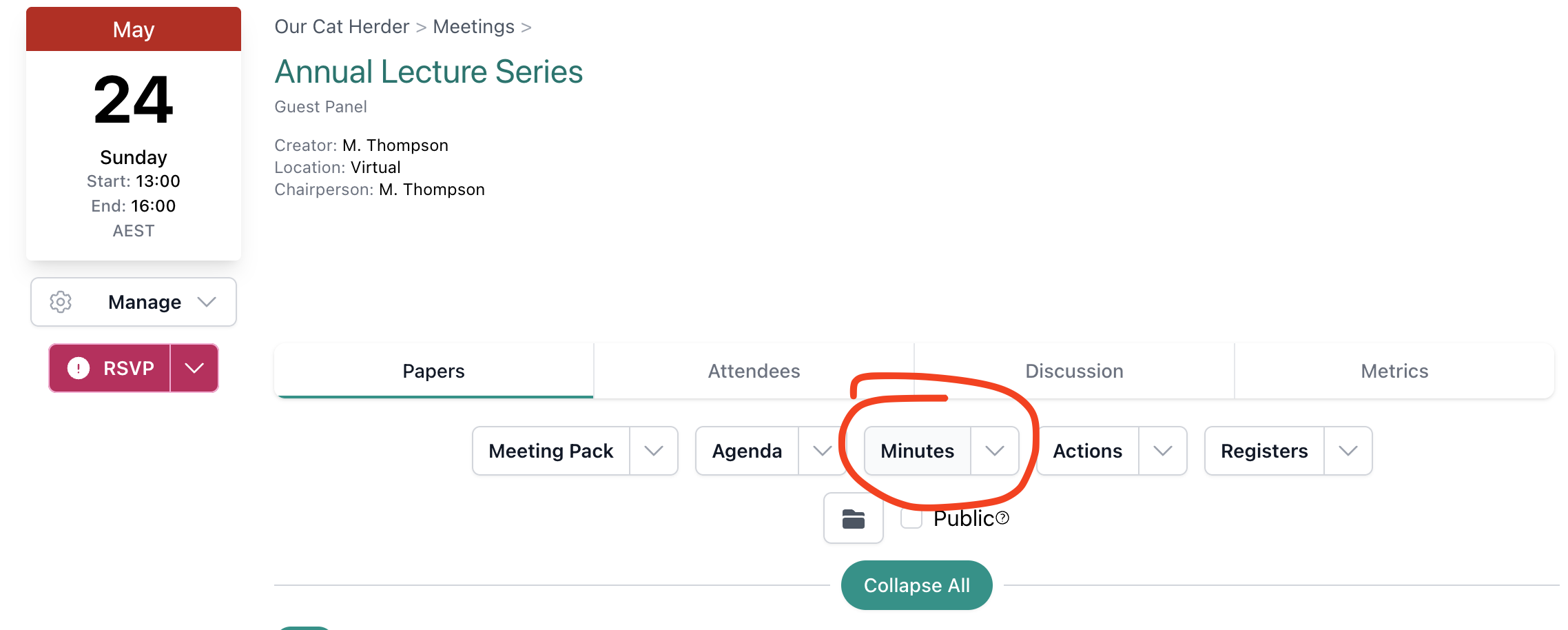 Meeting Details page showing the Minutes button highlighted