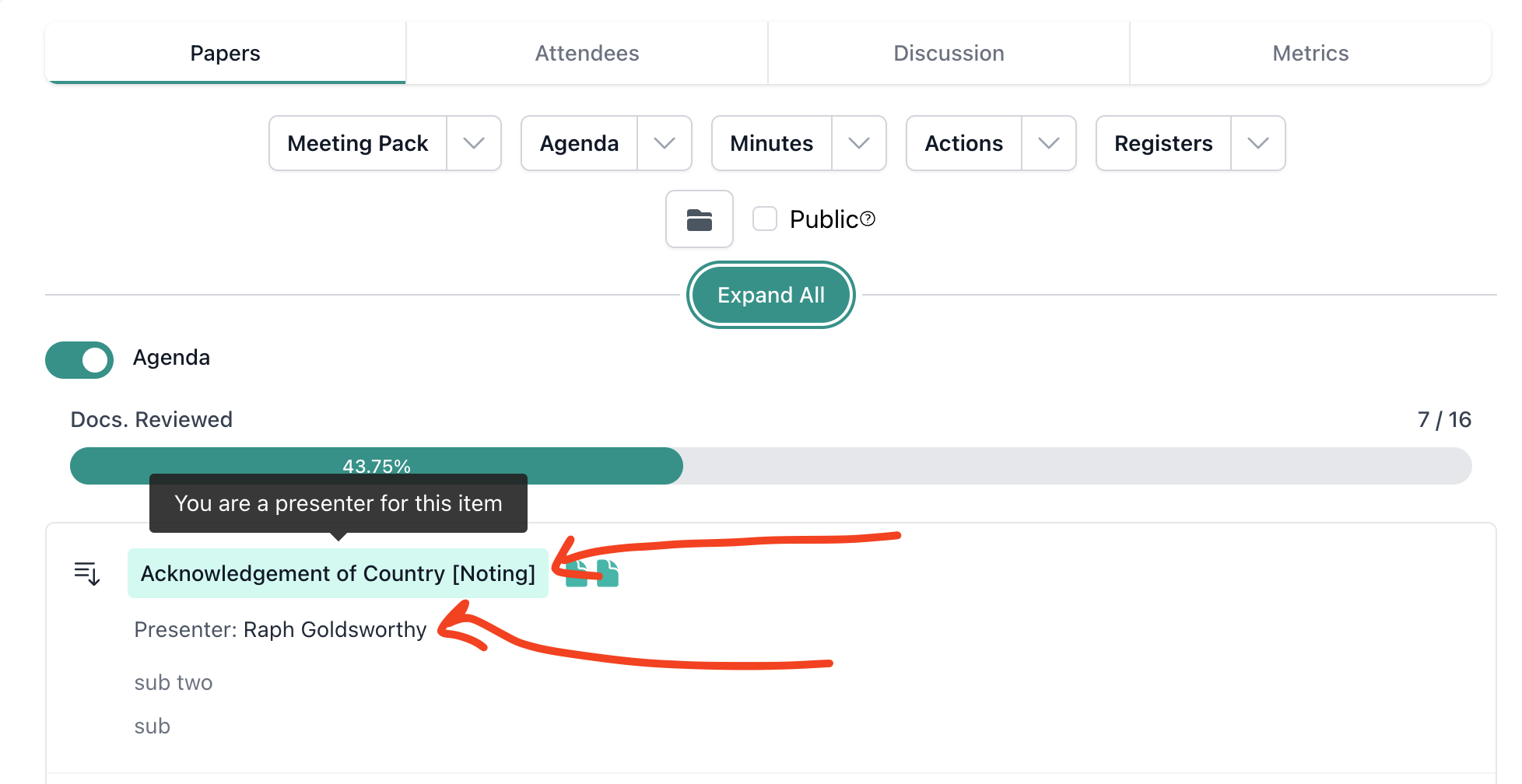 Agenda item highlighted showing presenter name and tooltip