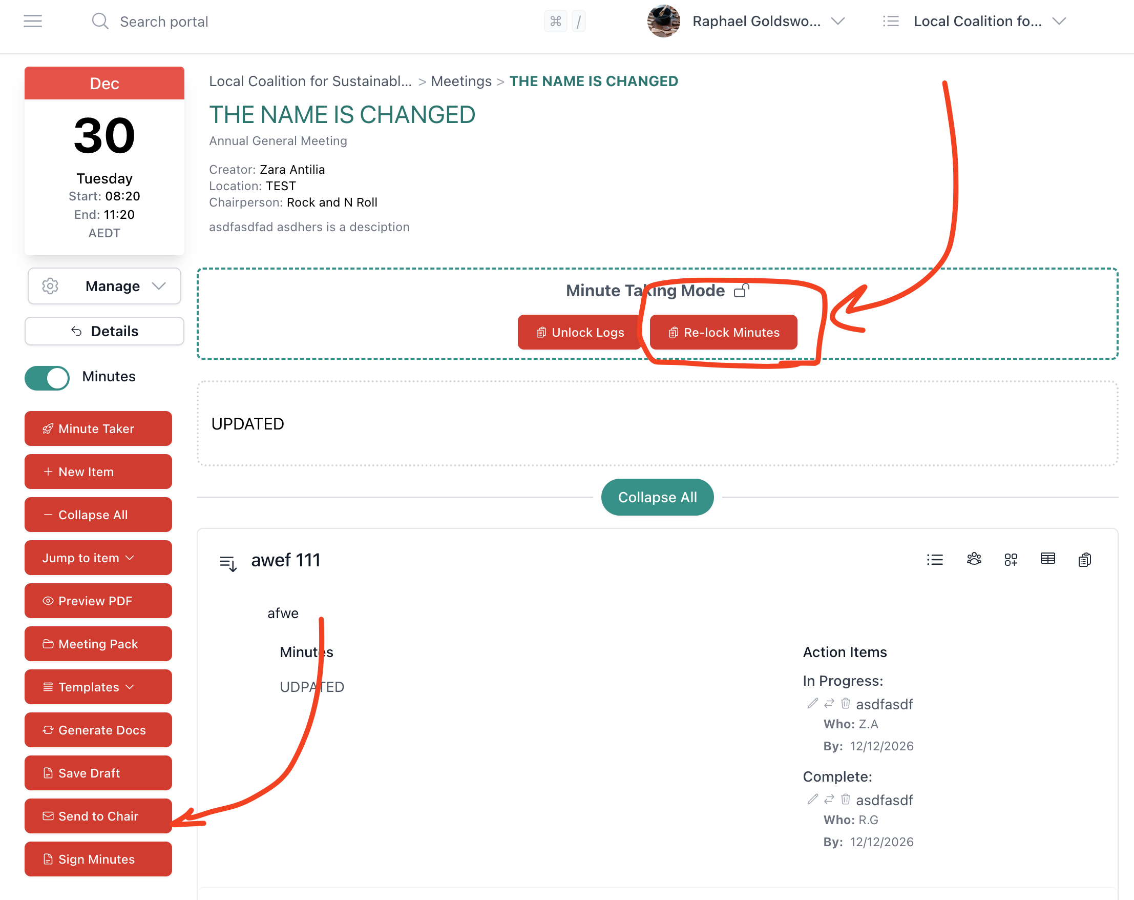 Re-lock Minutes button and Minute Taking Mode