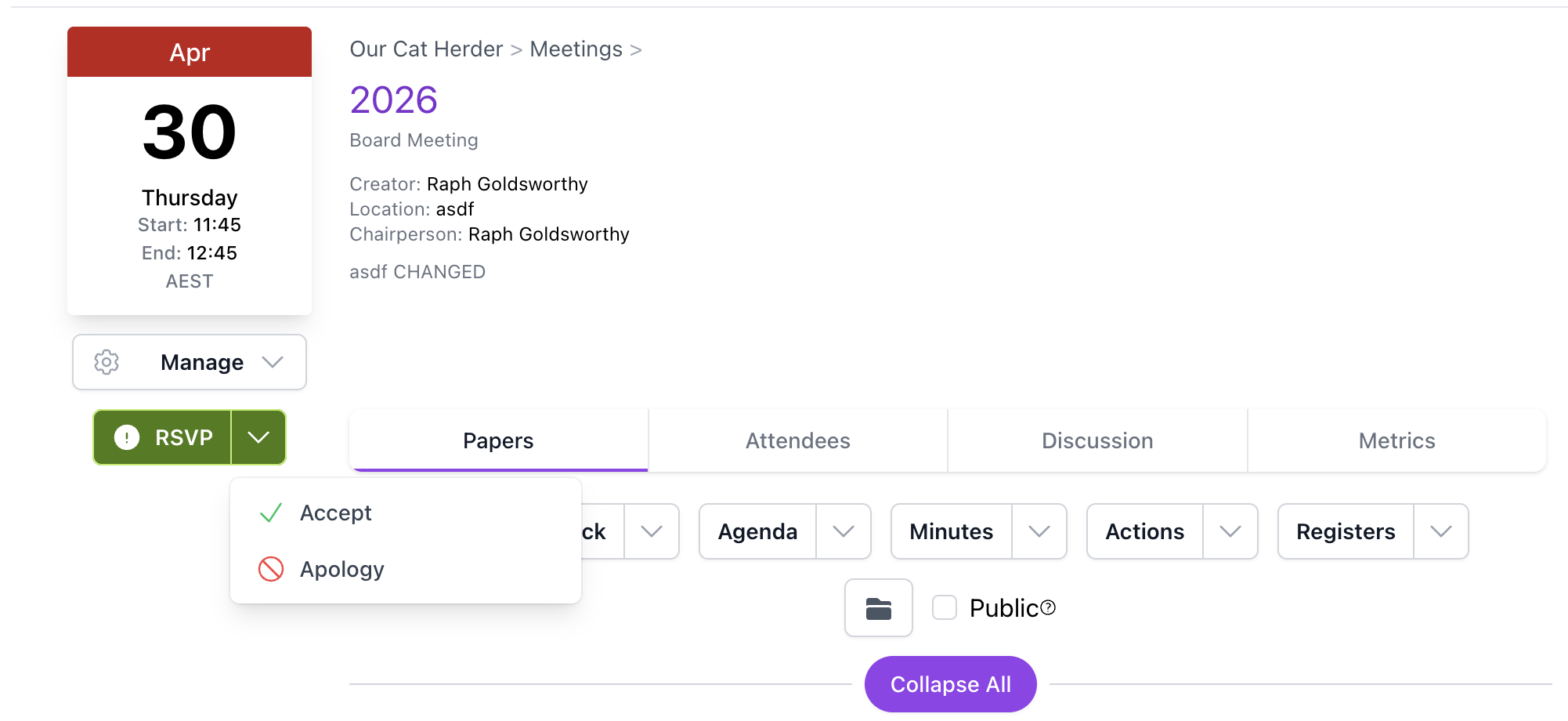 RSVP dropdown showing Accept and Apology options