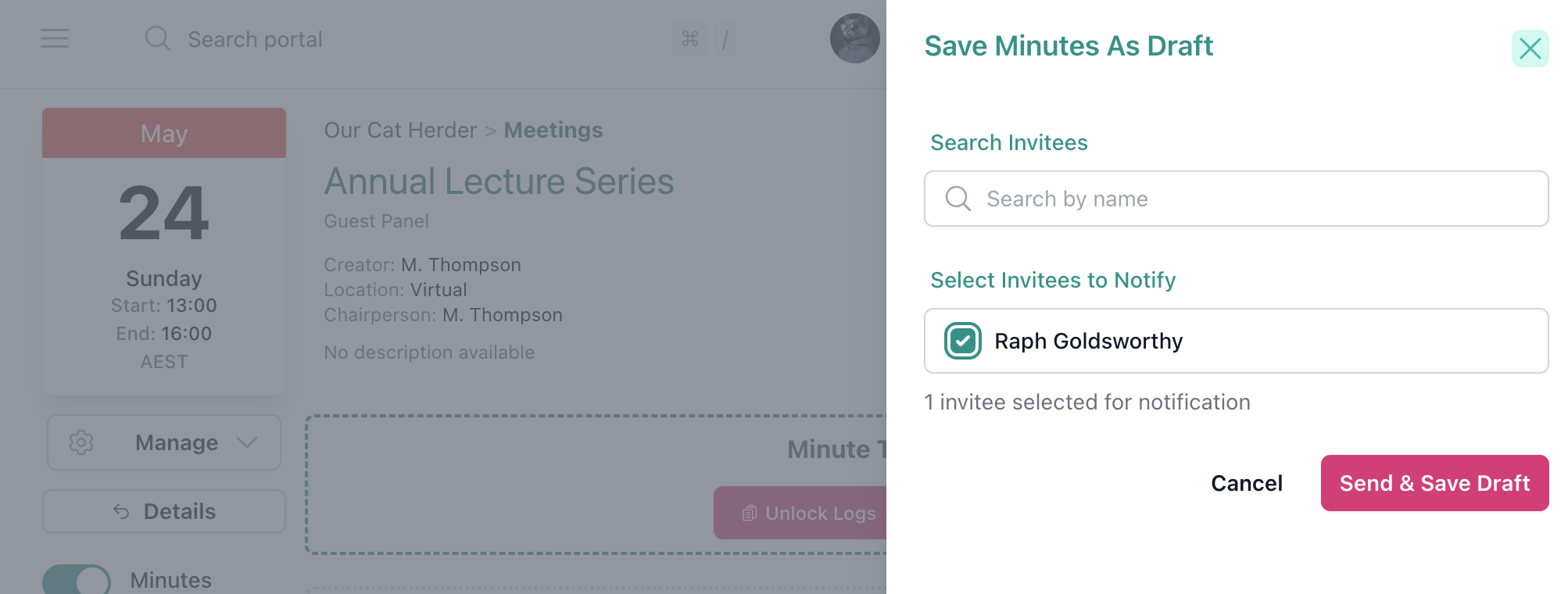 Save Minutes As Draft dialog showing invitee selection