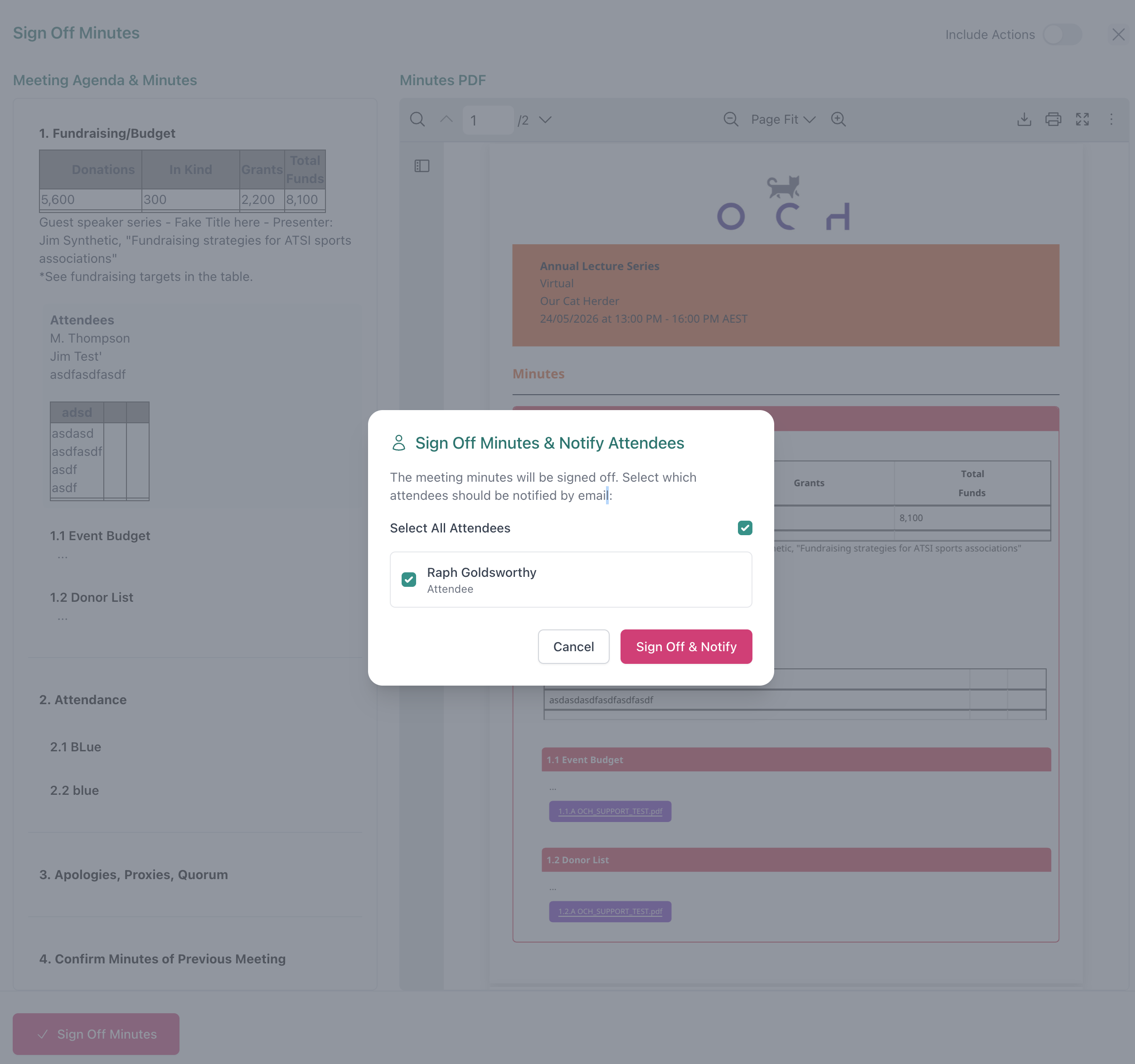 Sign Off Minutes & Notify Attendees dialog showing attendee selection