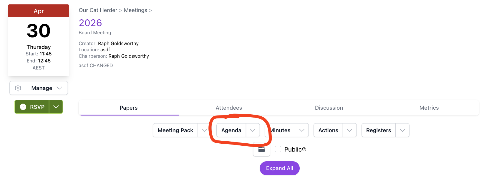 Meeting Details page showing the Agenda button highlighted