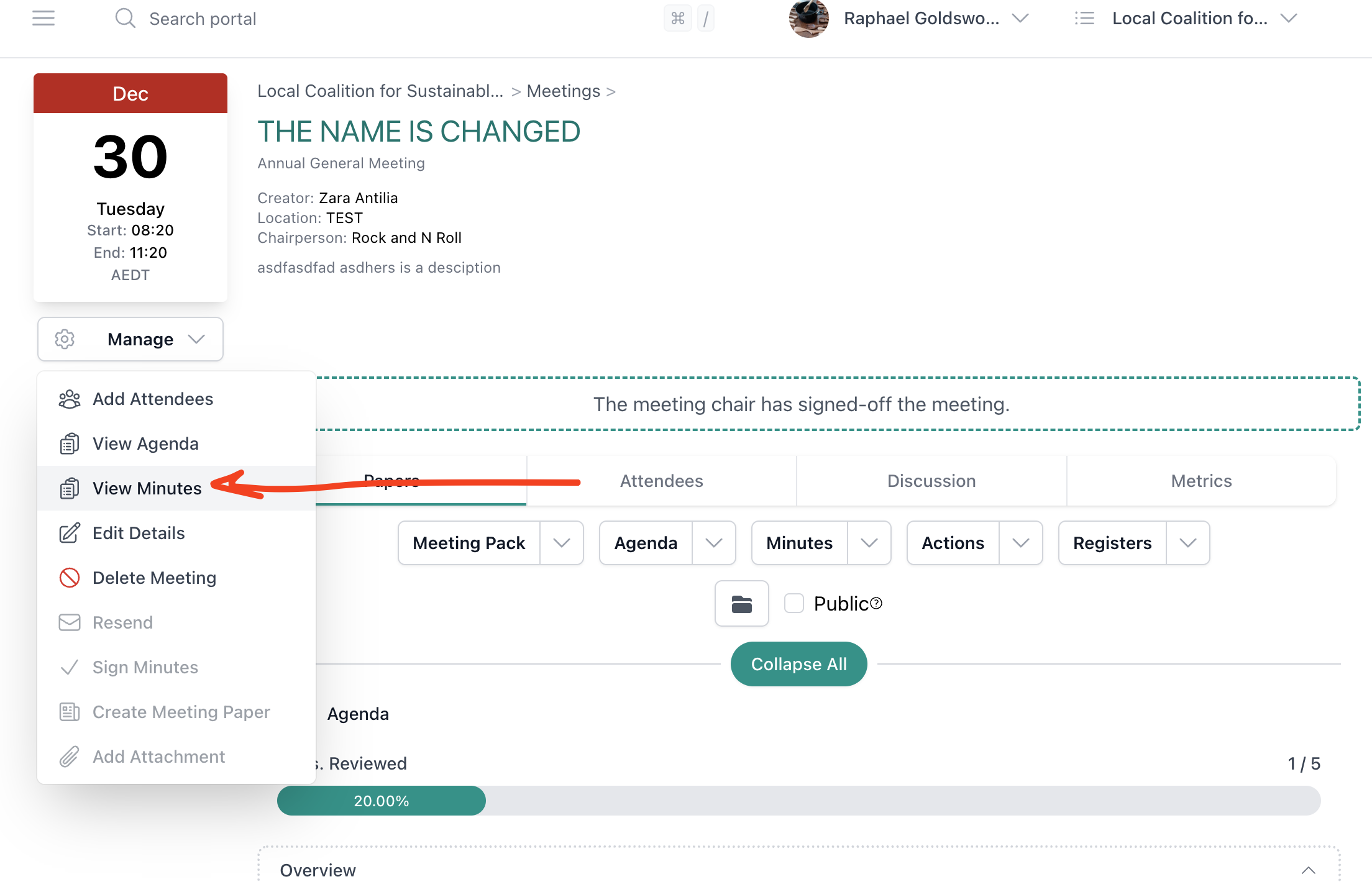 Manage menu with View Minutes option