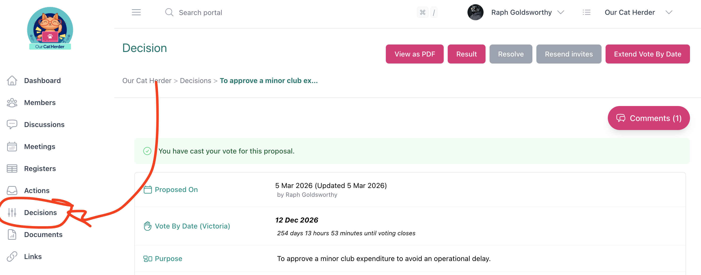 Decision details page showing Decisions in the left menu, vote status, and proposal details